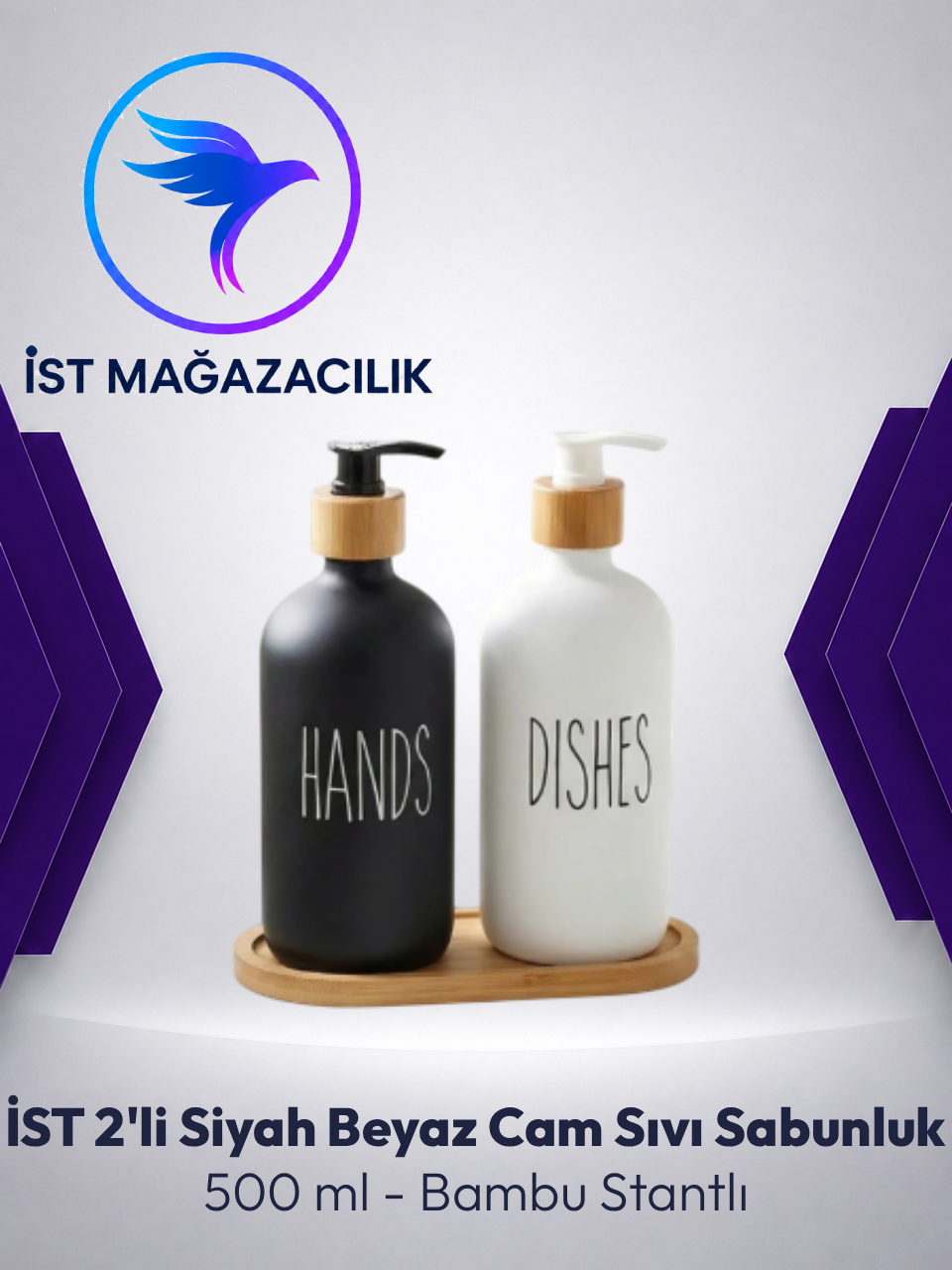 Elsa 2'li Siyah Beyaz Cam Sıvı Sabunluk 500 ml - Bambu Stantlı