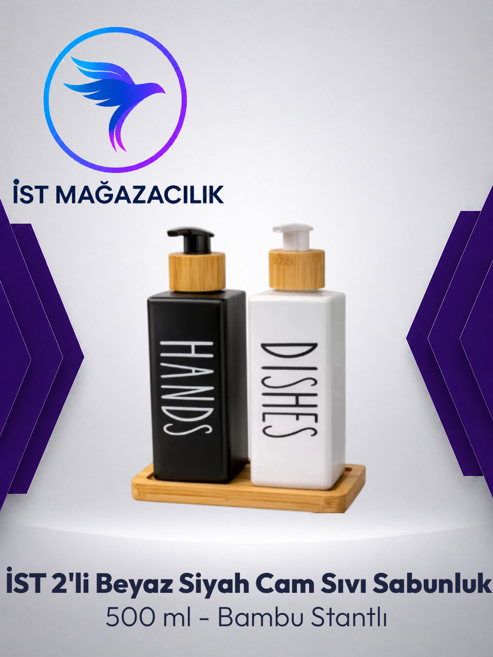 Elsa 2'li Beyaz Siyah Cam Sıvı Sabunluk 500 ml - Bambu Stantlı