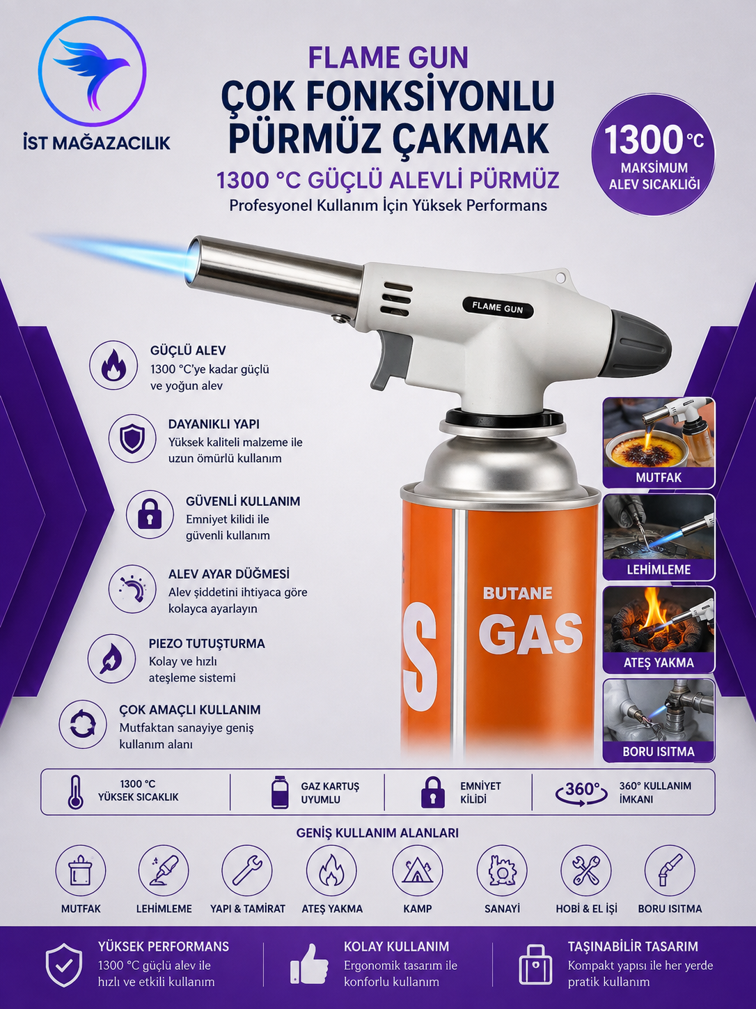 Flame Gun Çok Fonksiyonlu 1300 C° Pürmüz Çakmak
