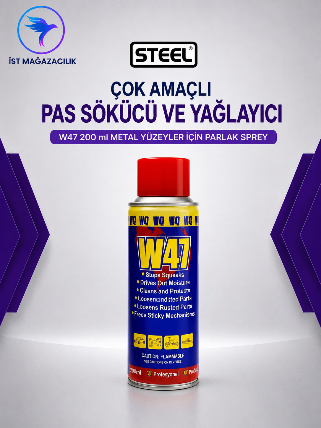 Steel Çok Amaçlı Pas Sökücü ve Yağlayıcı W47 200 ml Metal Yüzeyler İçin Parlak Sprey